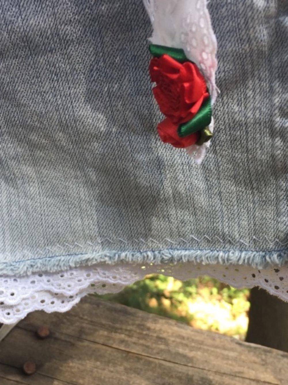 Hand Crafted Light Blue Denim Jean Shorts with White Lace & Red Rose Accents - Picture 3 of 11